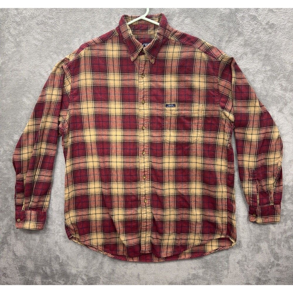 Chaps Ralph Lauren Button-Down Shirt Men XL Red Beige Plaid Long Sleeve Flannel